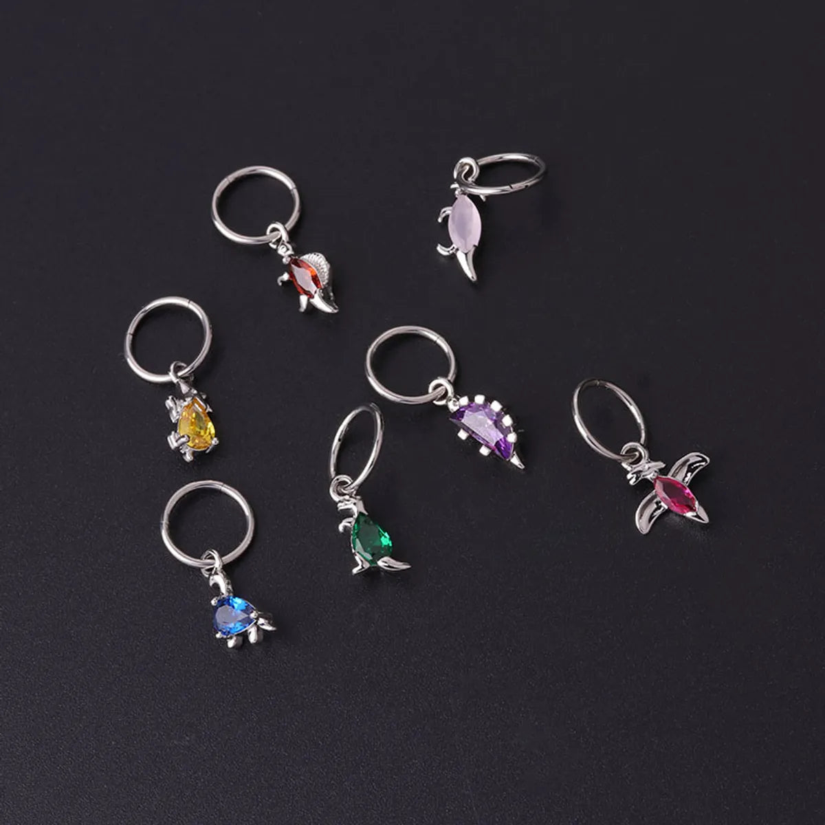 Stainless Steel Closed Ring Colorful Zircon Dinosaur Ear Bone Ring