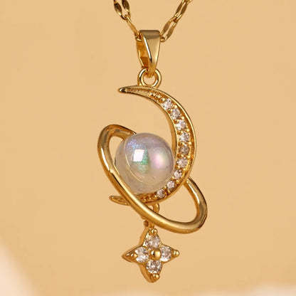 Stainless Steel Copper 18K Gold Plated Cute Sweet Moon Artificial Pearls Zircon Pendant Necklace