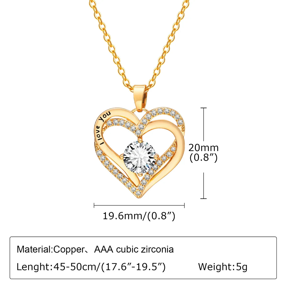 Stainless Steel Copper 18K Gold Plated Elegant Shiny Double Heart Inlay Zircon Pendant Necklace