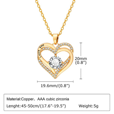 Stainless Steel Copper 18K Gold Plated Elegant Shiny Double Heart Inlay Zircon Pendant Necklace