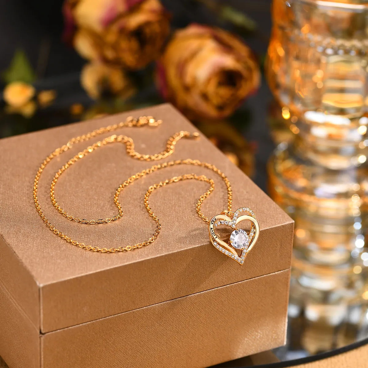 Stainless Steel Copper 18K Gold Plated Elegant Shiny Double Heart Inlay Zircon Pendant Necklace