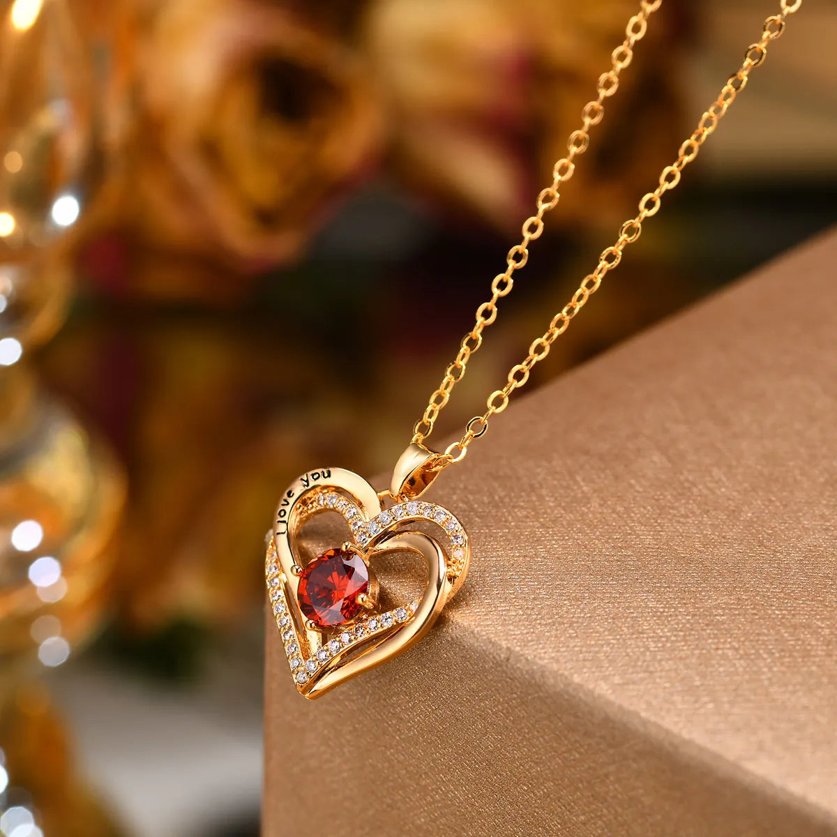 Stainless Steel Copper 18K Gold Plated Elegant Shiny Double Heart Inlay Zircon Pendant Necklace