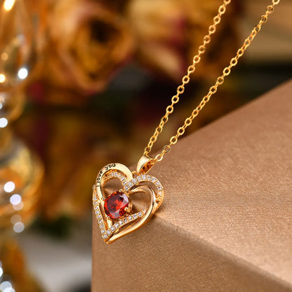 Stainless Steel Copper 18K Gold Plated Elegant Shiny Double Heart Inlay Zircon Pendant Necklace