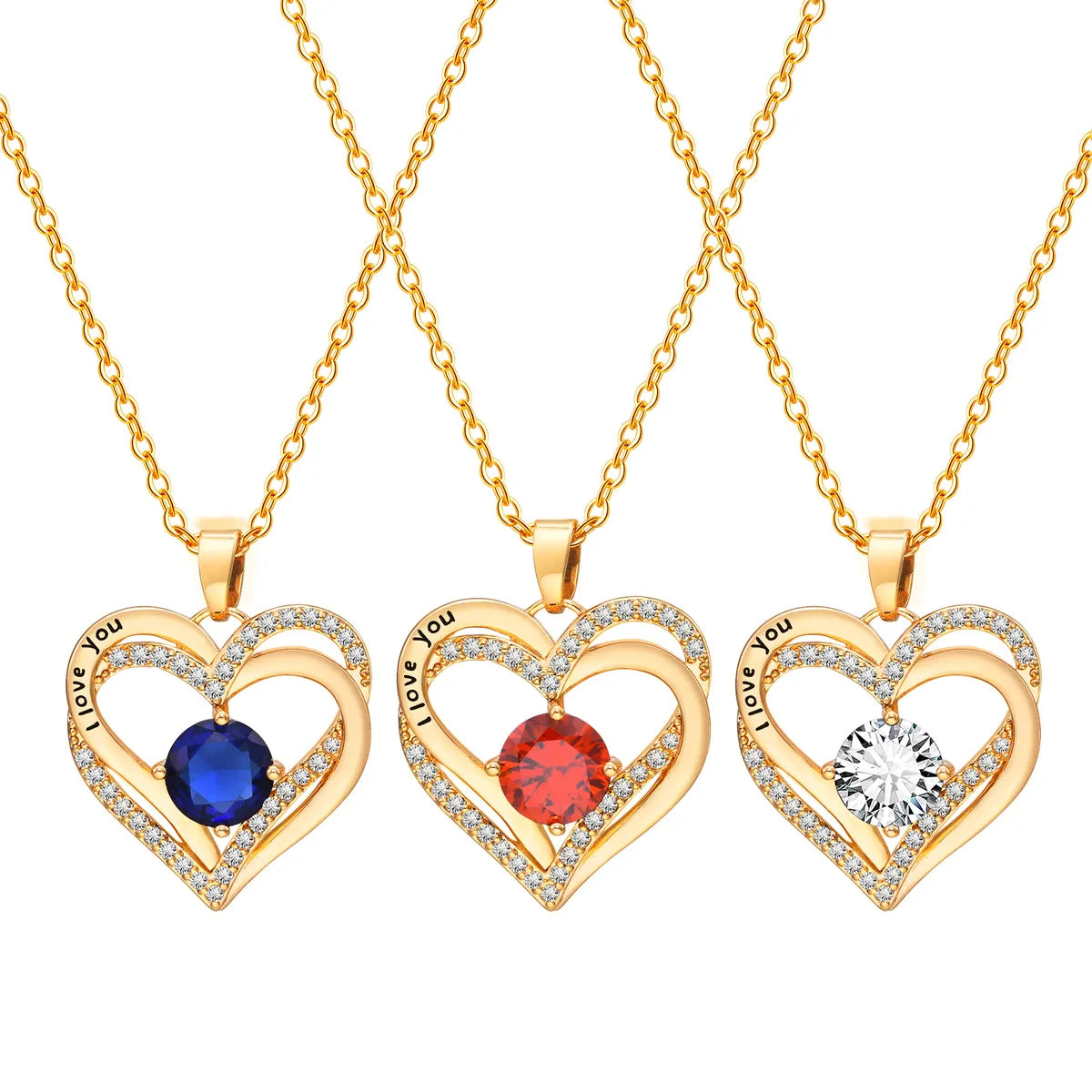 Stainless Steel Copper 18K Gold Plated Elegant Shiny Double Heart Inlay Zircon Pendant Necklace