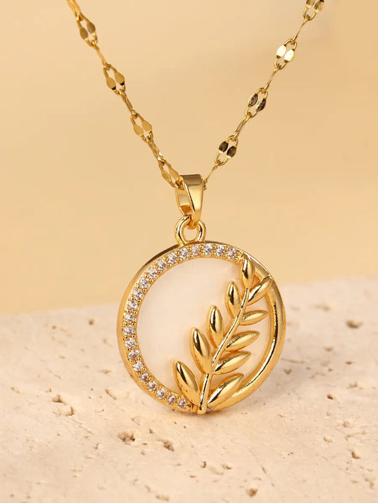 Stainless Steel Copper 18K Gold Plated IG Style Simple Style Leaves Inlay Zircon Pendant Necklace