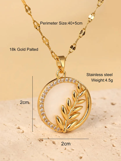 Stainless Steel Copper 18K Gold Plated IG Style Simple Style Leaves Inlay Zircon Pendant Necklace