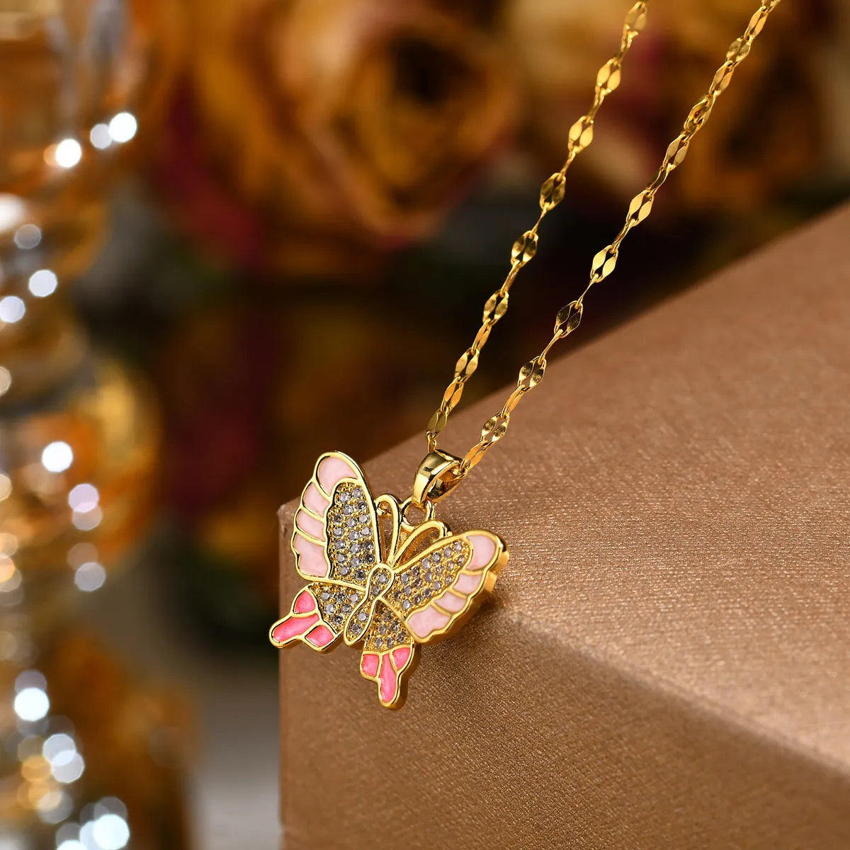 Stainless Steel Copper 18K Gold Plated Pastoral Shiny Butterfly Zircon Pendant Necklace