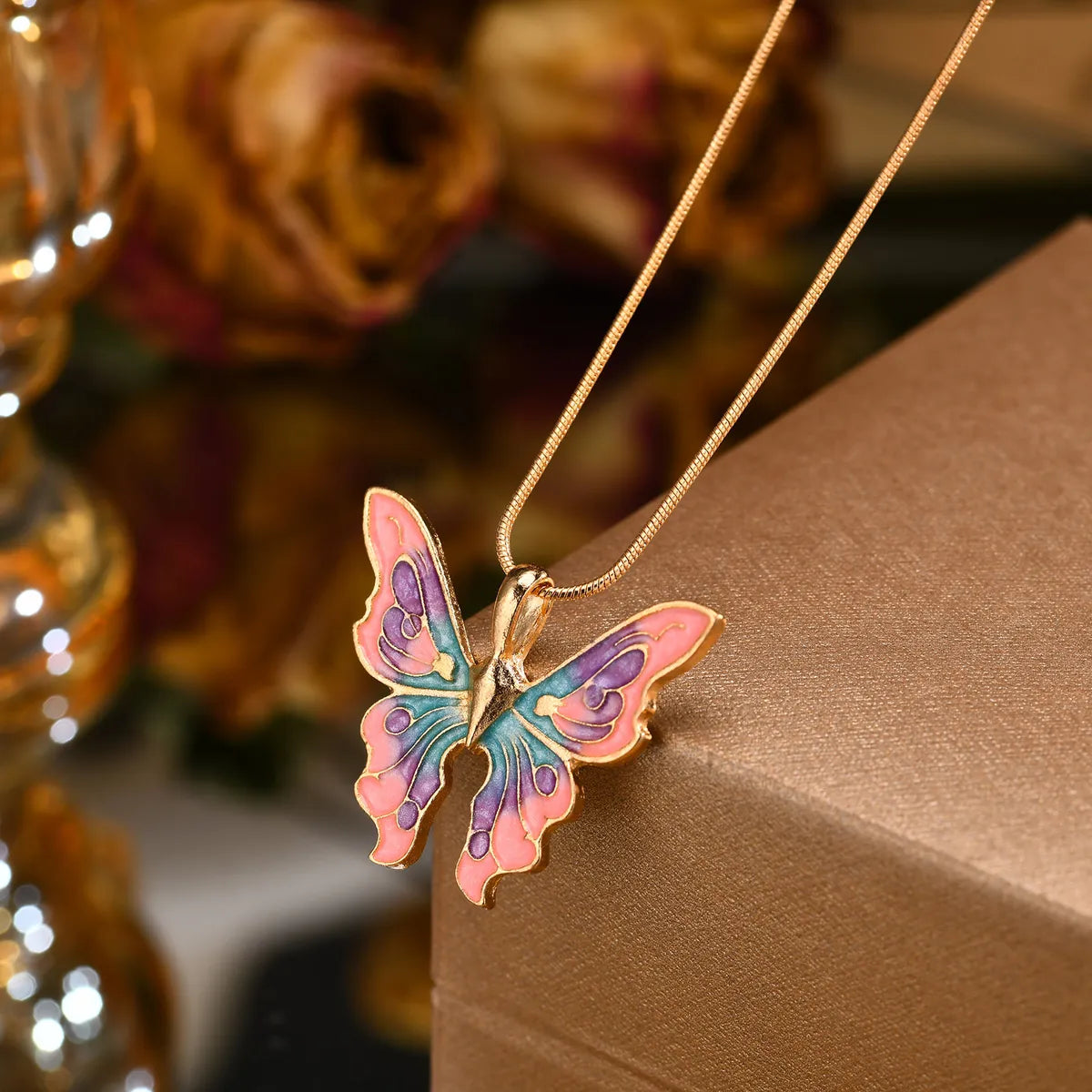 Stainless Steel Copper 18K Gold Plated Pastoral Shiny Butterfly Zircon Pendant Necklace