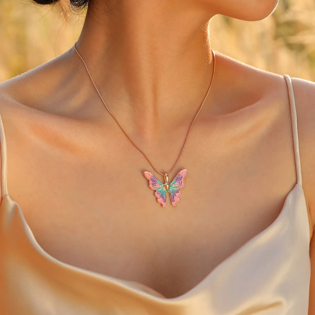 Stainless Steel Copper 18K Gold Plated Pastoral Shiny Butterfly Zircon Pendant Necklace