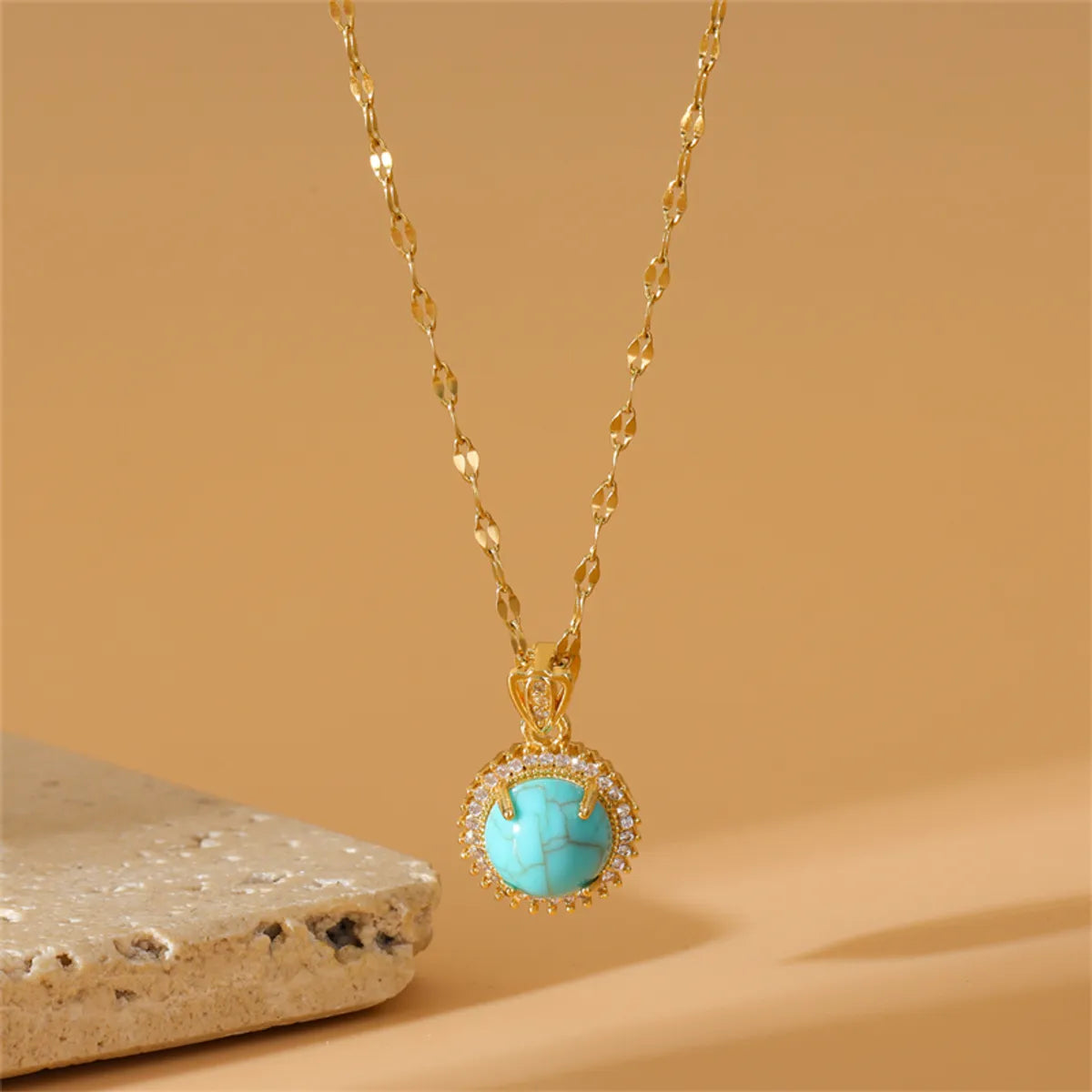 Stainless Steel Copper 18K Gold Plated Simple Style Plating Inlay Water Droplets Turquoise Zircon Pendant Necklace