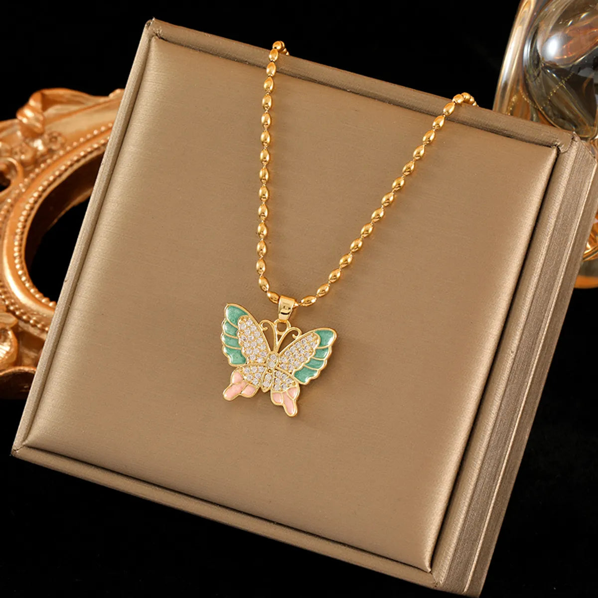 Stainless Steel Copper 18K Gold Plated Sweet Butterfly Inlay Zircon Pendant Necklace