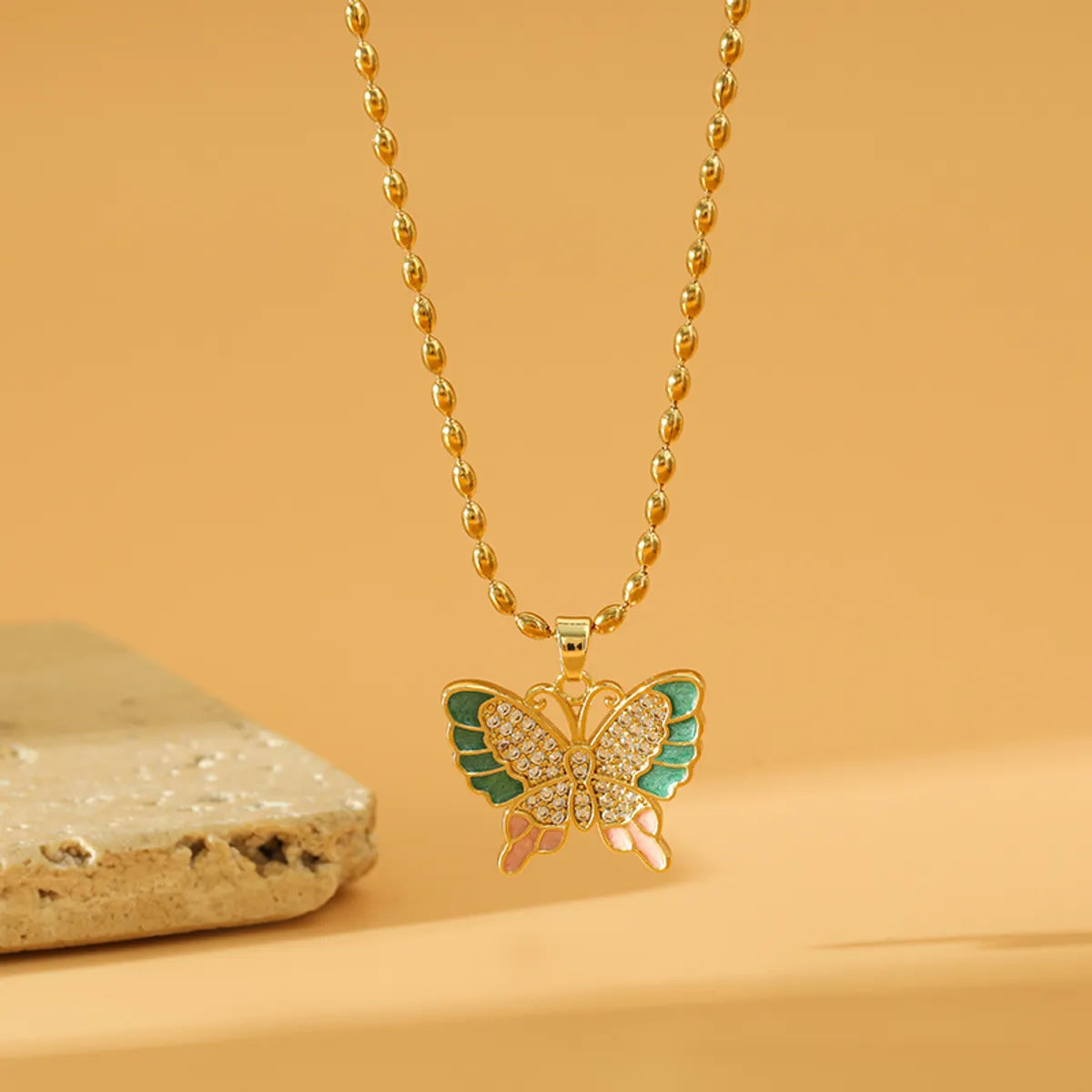 Stainless Steel Copper 18K Gold Plated Sweet Butterfly Inlay Zircon Pendant Necklace