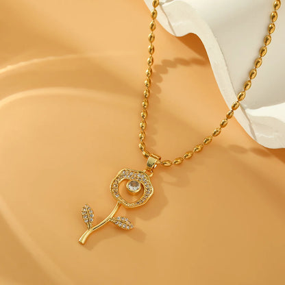 Stainless Steel Copper 18K Gold Plated Sweet Flower Inlay Zircon Pendant Necklace