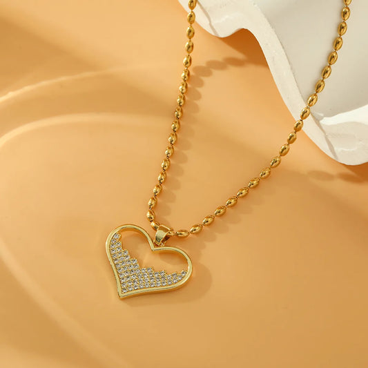 Stainless Steel Copper 18K Gold Plated Sweet Heart Shape Inlay Zircon Pendant Necklace