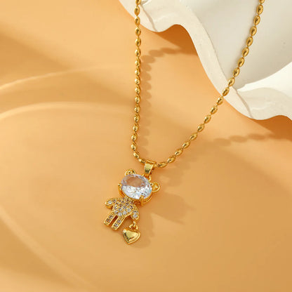 Stainless Steel Copper 18K Gold Plated Sweet Simple Style Little Bear Inlay Zircon Pendant Necklace