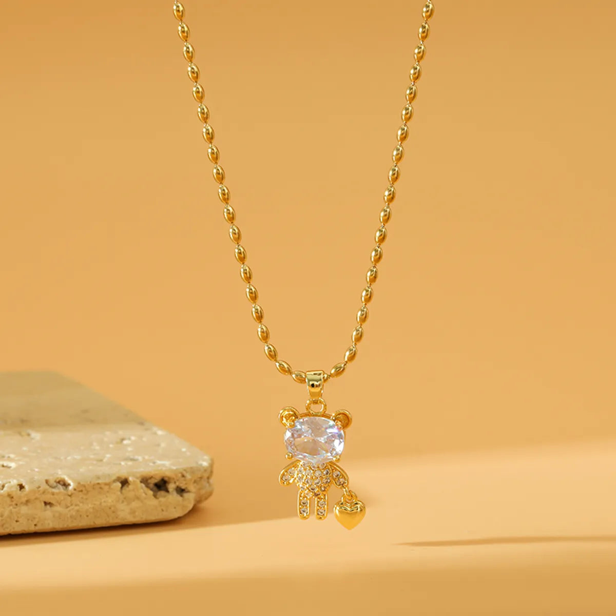 Stainless Steel Copper 18K Gold Plated Sweet Simple Style Little Bear Inlay Zircon Pendant Necklace