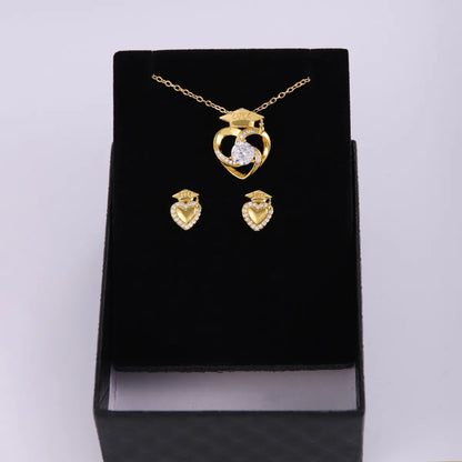 Wholesale Jewelry Casual Preppy Style Doctoral Cap Heart Shape 304 Stainless Steel Copper Zircon 18K Gold Plated Plating Inlay Jewelry Set