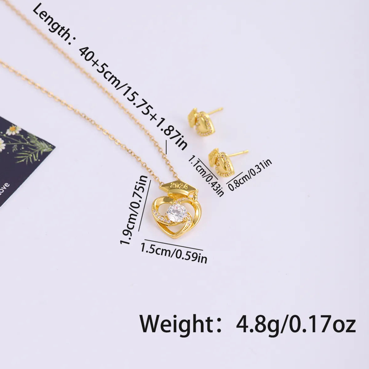 Wholesale Jewelry Casual Preppy Style Doctoral Cap Heart Shape 304 Stainless Steel Copper Zircon 18K Gold Plated Plating Inlay Jewelry Set