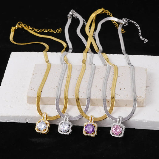 Stainless Steel Copper Simple Style Geometric Square Inlay Zircon Pendant Necklace