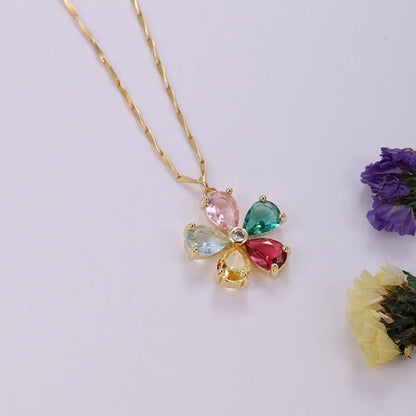 Stainless Steel Copper Sweet Simple Style Flower Plating Inlay Zircon Pendant Necklace