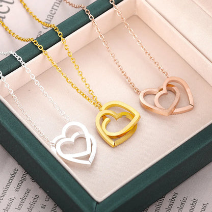 Stainless Steel Double Heart Pendant Necklace Jewelry