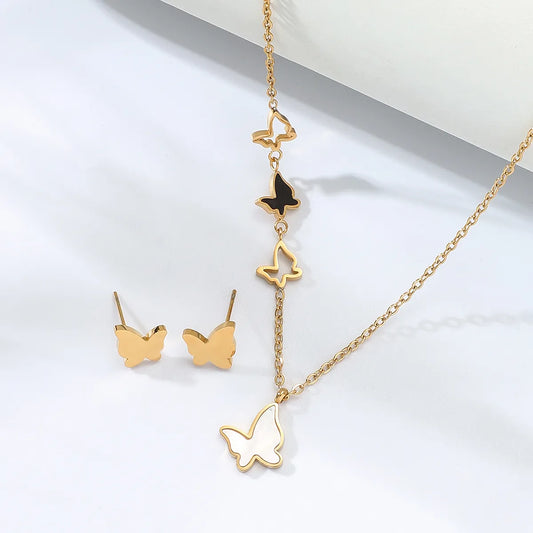 Stainless Steel Electroplating 18k Gold Sticky Shell Butterfly Necklace Earrings Set