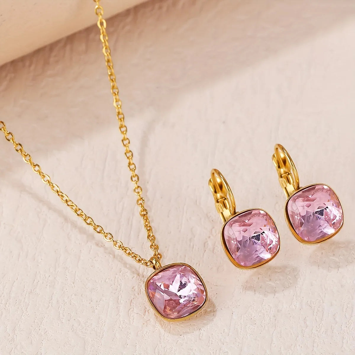 Stainless Steel Elegant Shiny Geometric Zircon Earrings Necklace