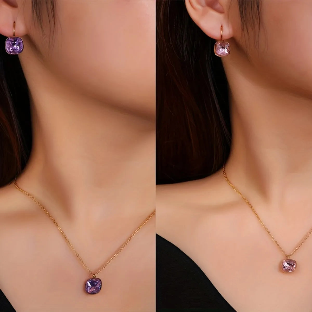 Stainless Steel Elegant Shiny Geometric Zircon Earrings Necklace