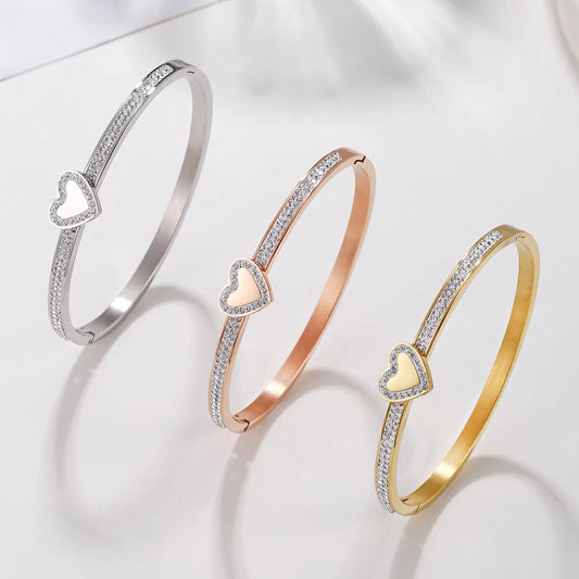 Stainless Steel Elegant Simple Style Heart Shape Plating Inlay Rhinestones Bangle