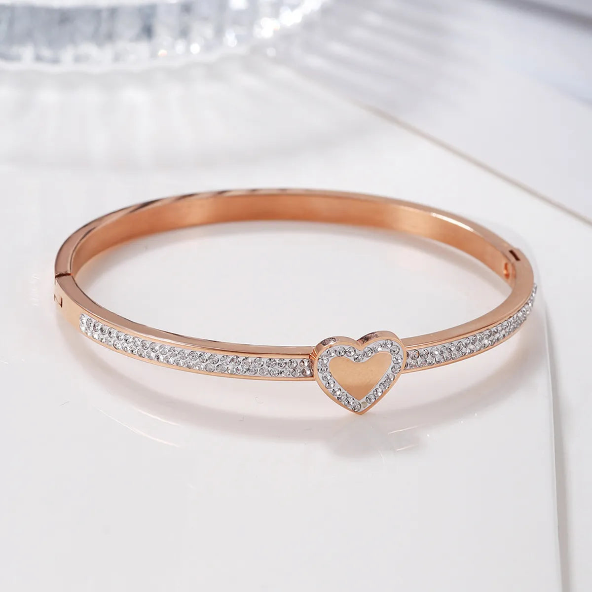 Stainless Steel Elegant Simple Style Heart Shape Plating Inlay Rhinestones Bangle