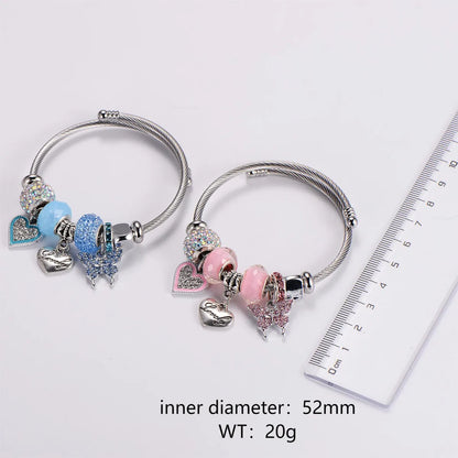 Stainless Steel Elegant Sweet Heart Shape Butterfly Inlay Rhinestones Wristband