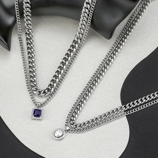 Stainless Steel Elegant Vintage Style Square Oval Inlay Zircon Double Layer Necklaces