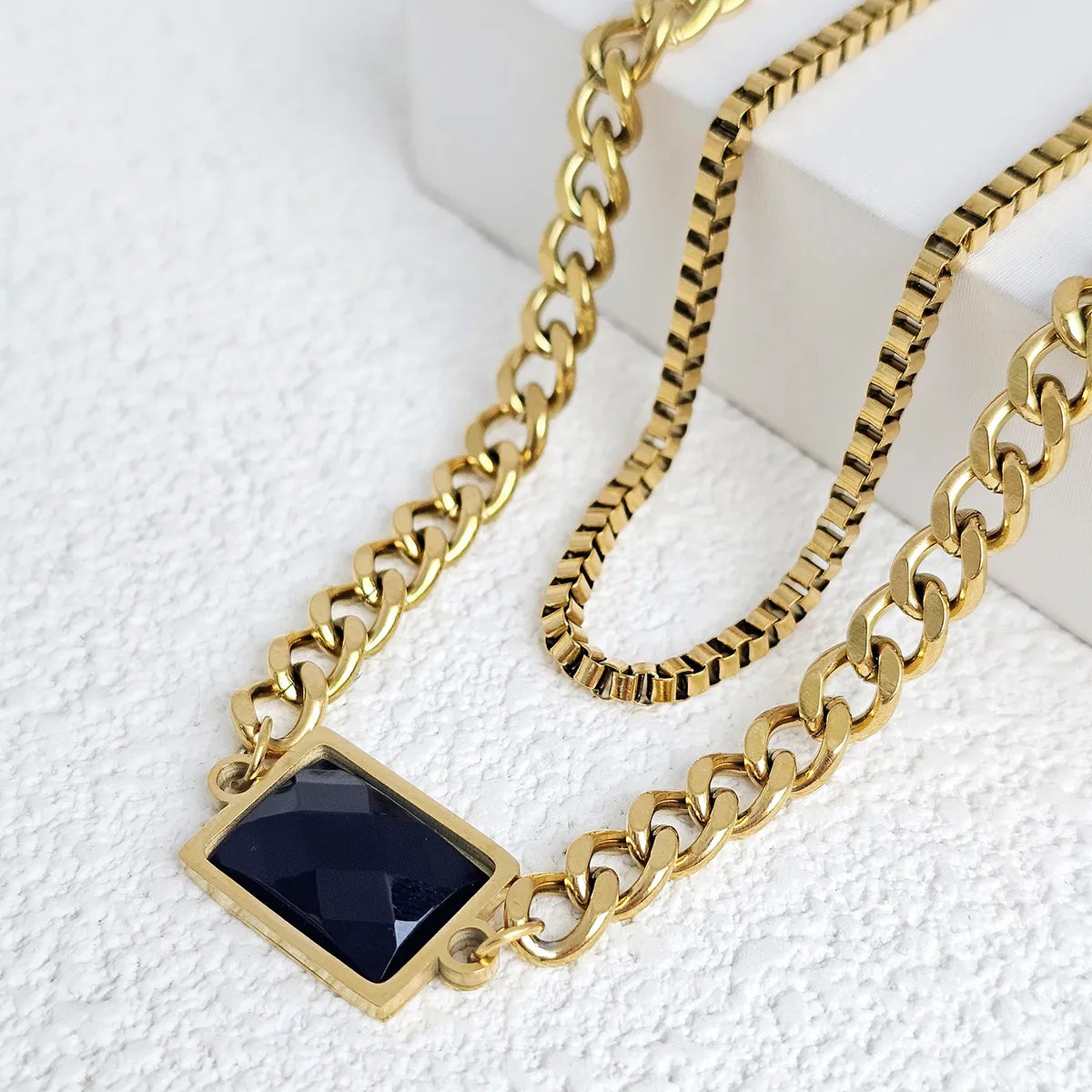 Stainless Steel Gold Plated Retro Roman Style Geometric Inlay Artificial Gemstones Double Layer Necklaces