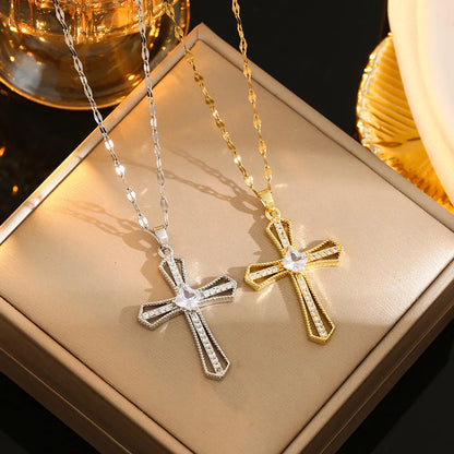 Stainless Steel Gold Plated Silver Plated Casual Commute Cross Inlay Zircon Pendant Necklace