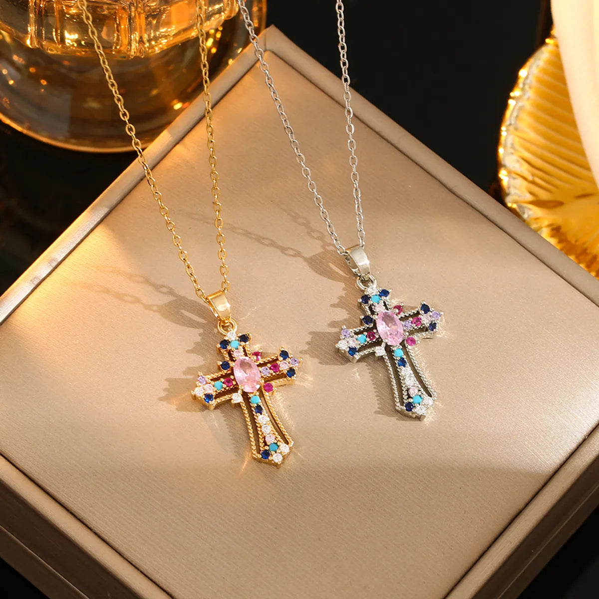 Stainless Steel Gold Plated Silver Plated Casual Commute Cross Inlay Zircon Pendant Necklace