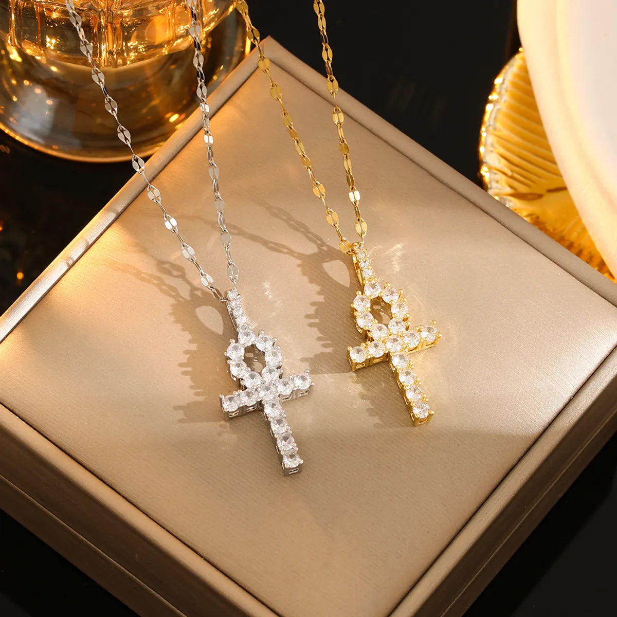 Stainless Steel Gold Plated Silver Plated Casual Commute Cross Inlay Zircon Pendant Necklace