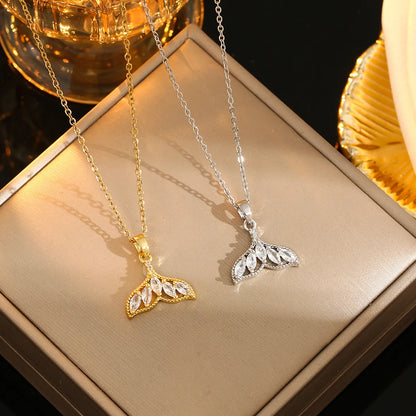 Stainless Steel Gold Plated Silver Plated Casual Commute Heart Shape Mermaid Bow Knot Hollow Out Inlay Zircon Pendant Necklace