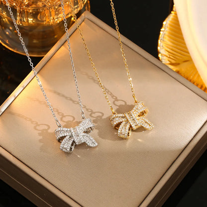 Stainless Steel Gold Plated Silver Plated Casual Commute Heart Shape Mermaid Bow Knot Hollow Out Inlay Zircon Pendant Necklace