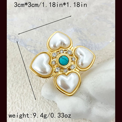 304 Stainless Steel Gold Plated Vintage Style Simple Style Plating Inlay Irregular Heart Shape Turquoise Pearl Zircon Open Rings