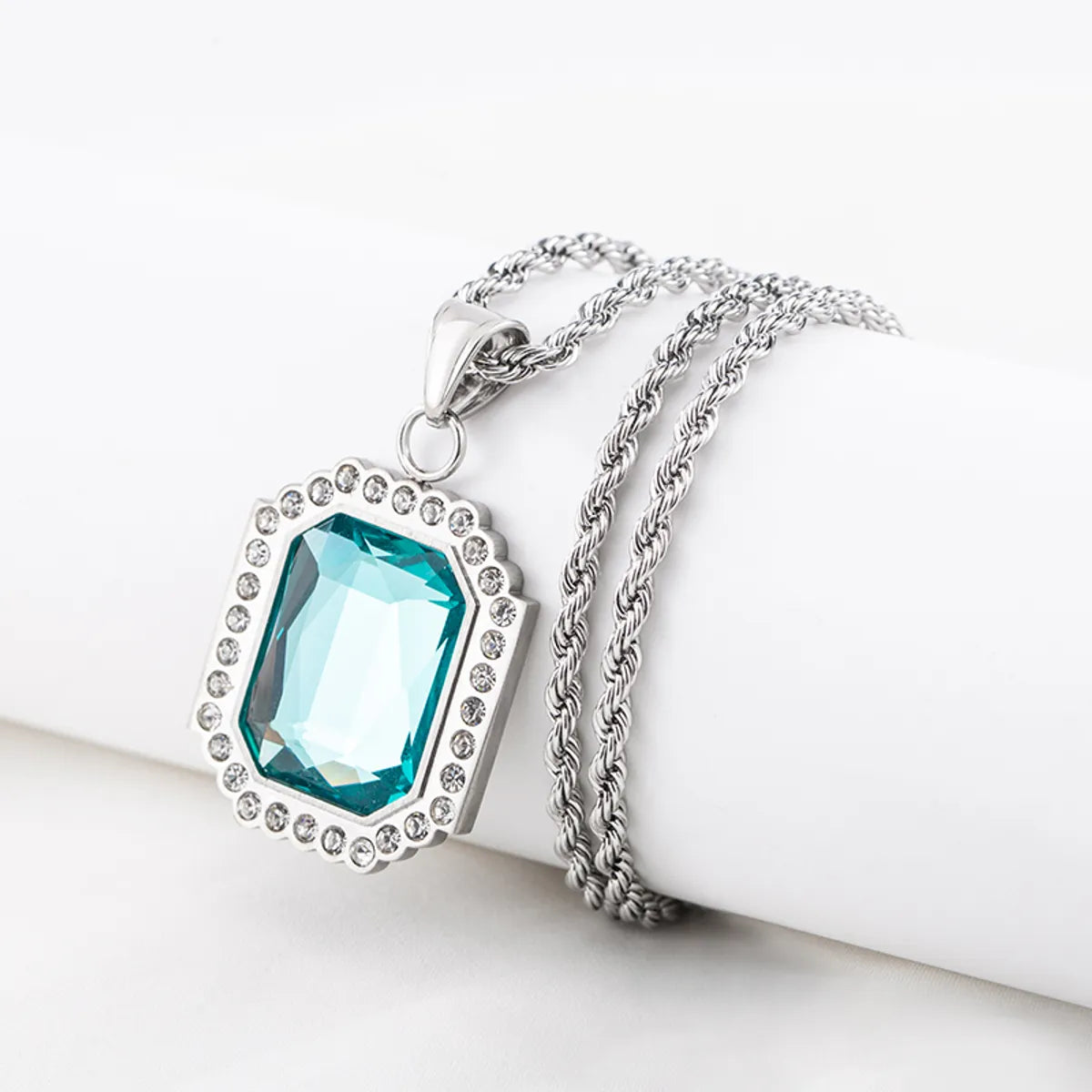 Stainless Steel Hip-hop Square Polishing Inlay Rhinestones Pendant Necklace