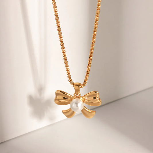 Stainless Steel IG Style Elegant Bow Knot Plating Inlay Artificial Pearls Pendant Necklace