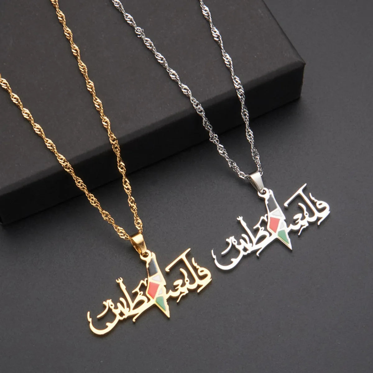 Stainless Steel IG Style Punk Map Letter Fist Enamel Hollow Out Pendant Necklace