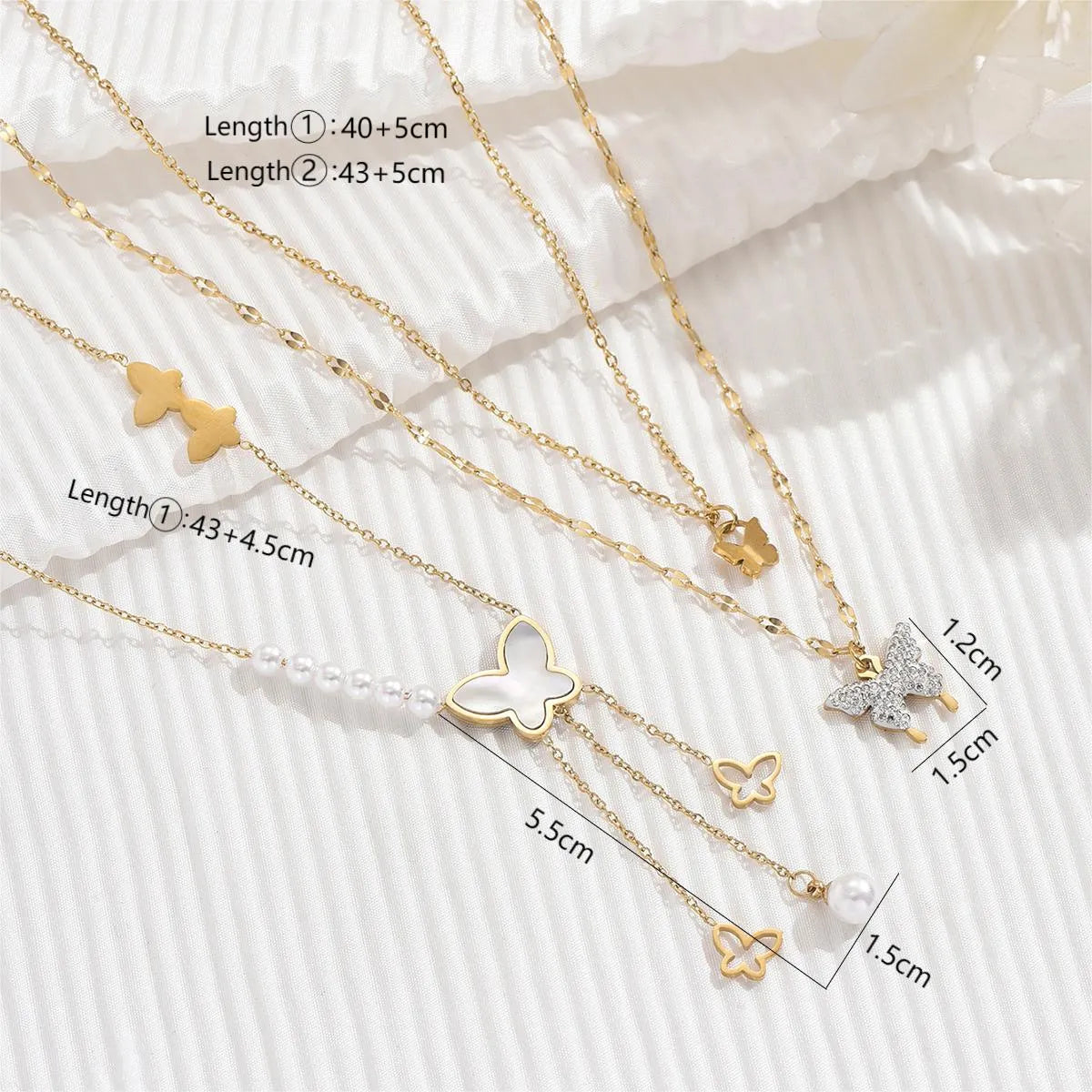 Stainless Steel Imitation Pearl Shell 14K Gold Plated IG Style Shiny Butterfly Beaded Inlay Shell Zircon Double Layer Necklaces Pendant Necklace