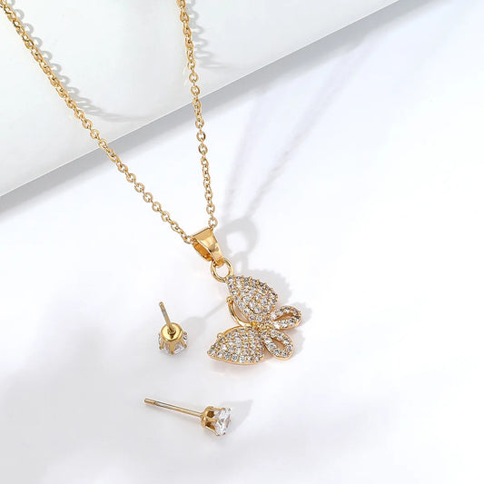 Stainless Steel Inlaid Zircon Electroplating 18k Gold Butterfly Necklace Earrings Set