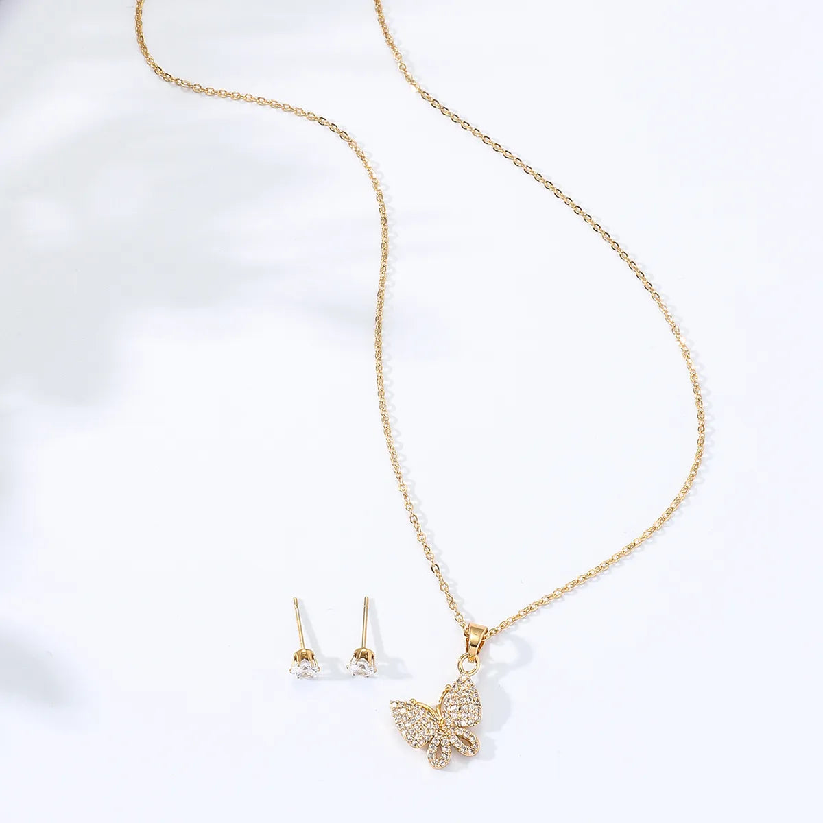 Stainless Steel Inlaid Zircon Electroplating 18k Gold Butterfly Necklace Earrings Set