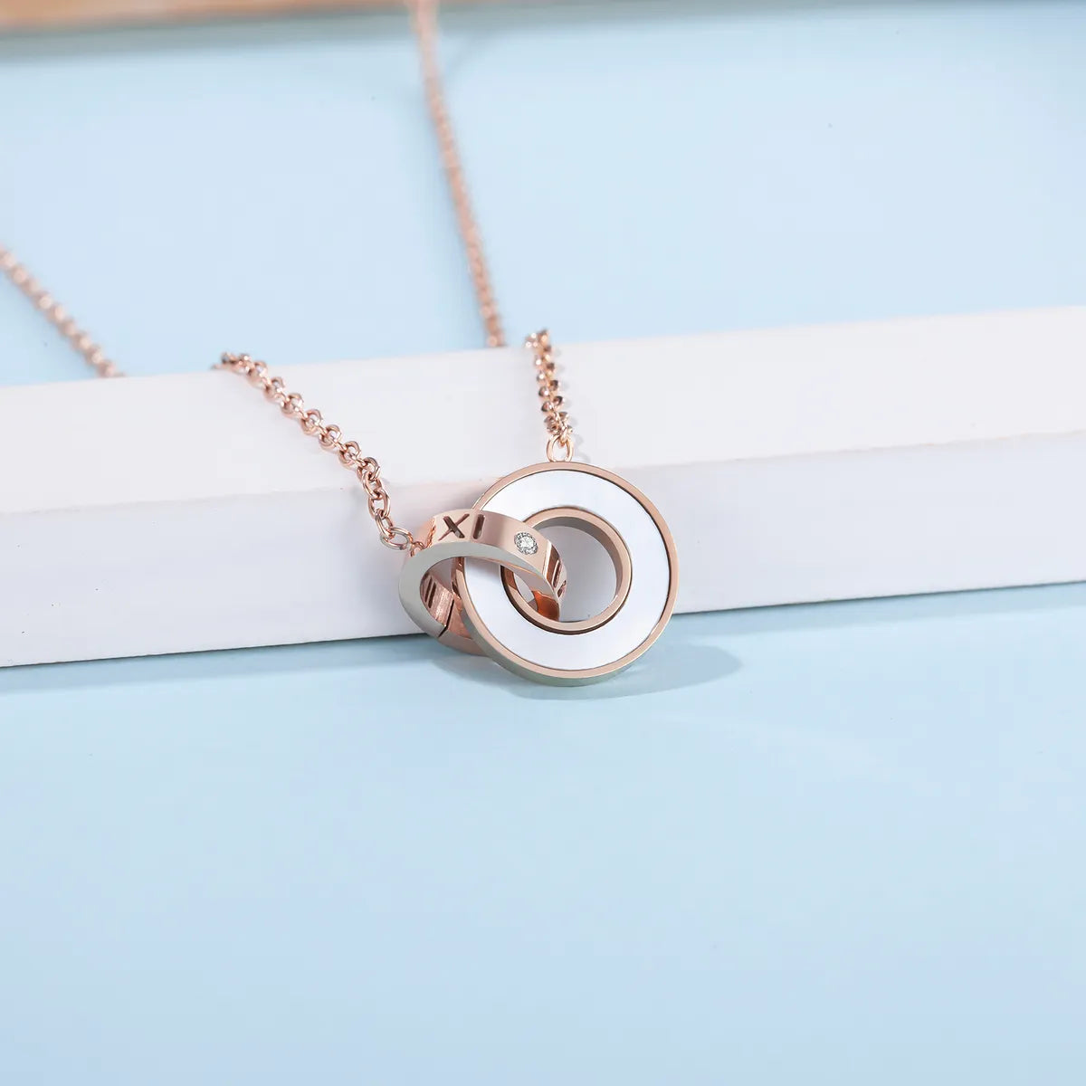 Stainless Steel Modern Style Simple Style Double Ring Plating Inlay Shell Zircon Necklace