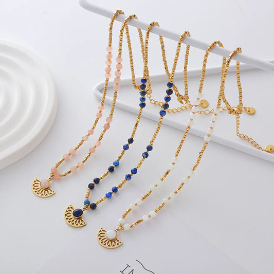 Stainless Steel Moonstone Shell 18K Gold Plated Simple Style Classic Style Color Block Beaded Plating Necklace