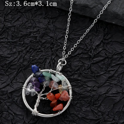 Novelty Artistic Round Tree Alloy Natural Stone Steel Hollow Out Inlay Natural Stone Women'S Pendant Necklace