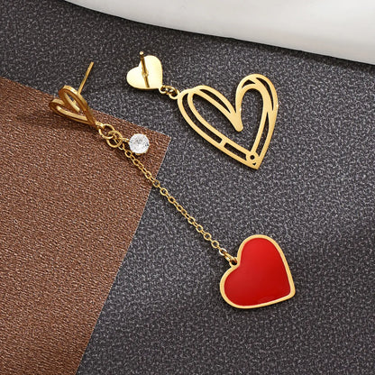 Stainless Steel Oil Dripping Heart Asymmetric Earrings