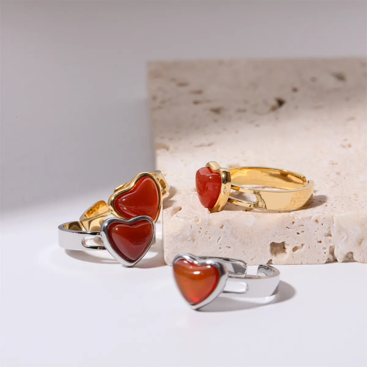 Stainless Steel Retro Heart Shape Plating Inlay Agate Open Rings